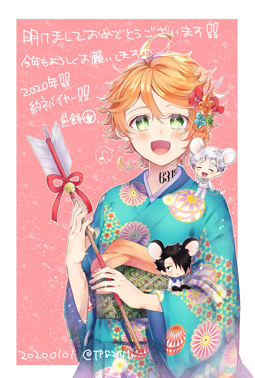1girl 2boys absurdres ahoge emma_(yakusoku_no_neverland) green_eyes highres holding japanese_clothes kimono looking_at_viewer multiple_boys neck_tattoo norman_(yakusoku_no_neverland) number_tattoo open_mouth orange_hair ray_(yakusoku_no_neverland) short_hair simple_background smile tattoo tp82n1r white_background yakusoku_no_neverland yukata