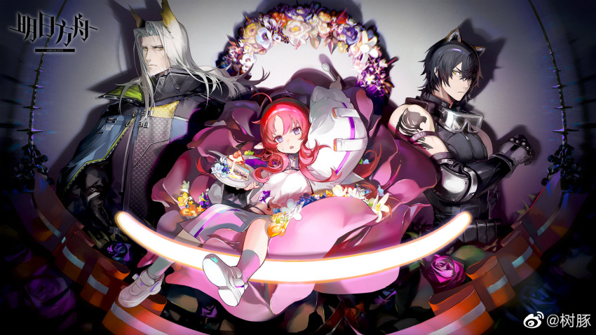 1girl 2boys ahoge animal_ears arknights beard black_gloves black_hair black_jacket black_shirt blue_eyes broca_(arknights) cake cat_ears chinese_commentary commentary_request facial_hair food forehead gloves hellagur_(arknights) highres jacket long_hair multiple_boys myrtle_(arknights) pink_hair pointy_hair shirt shoes shoulder_tattoo shutun silver_hair sleeveless sleeveless_shirt tattoo white_footwear white_shirt