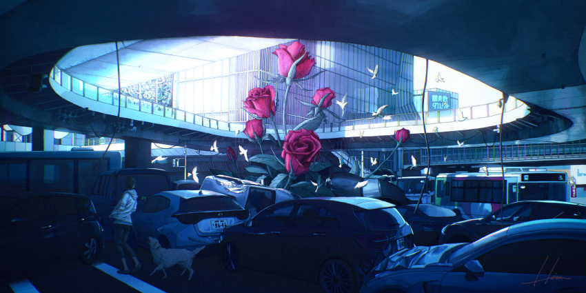 ambiguous_gender building bus car car_crash dog flower ground_vehicle hands_in_pockets highres hipy_(image_oubliees) hood hood_down jacket leaf motor_vehicle original oversized_flowers plant rose signature solo standing white_bird white_jacket wide_shot