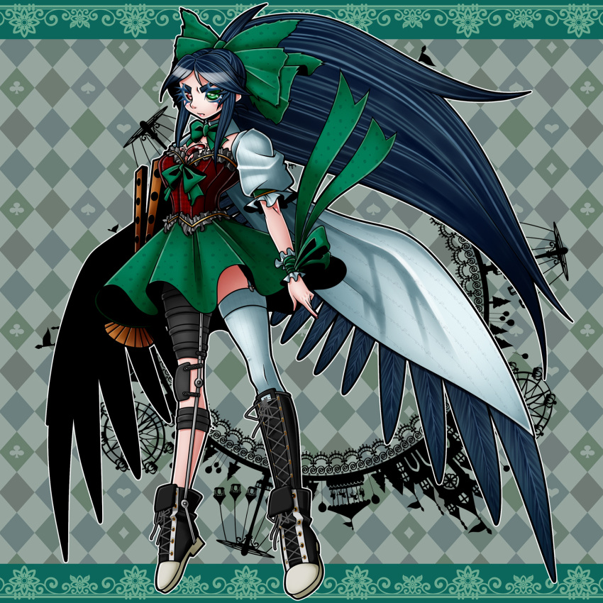 1girl absurdly_long_hair alternate_costume argyle argyle_background bird_wings black_footwear black_hair black_wings bow bowtie cape closed_mouth club_(shape) commentary_request corset cross-laced_footwear detached_collar diamond_(shape) full_body green_background green_bow green_eyes green_neckwear green_skirt hair_bow heart heterochromia highres long_hair looking_afar mismatched_footwear puffy_short_sleeves puffy_sleeves ranchuu_(akamusume) red_eyes reiuji_utsuho shiny shiny_hair shoes short_sleeves single_thighhigh skirt sneakers solo spade_(shape) thigh-highs third_eye touhou very_long_hair white_cape white_legwear wings wrist_cuffs