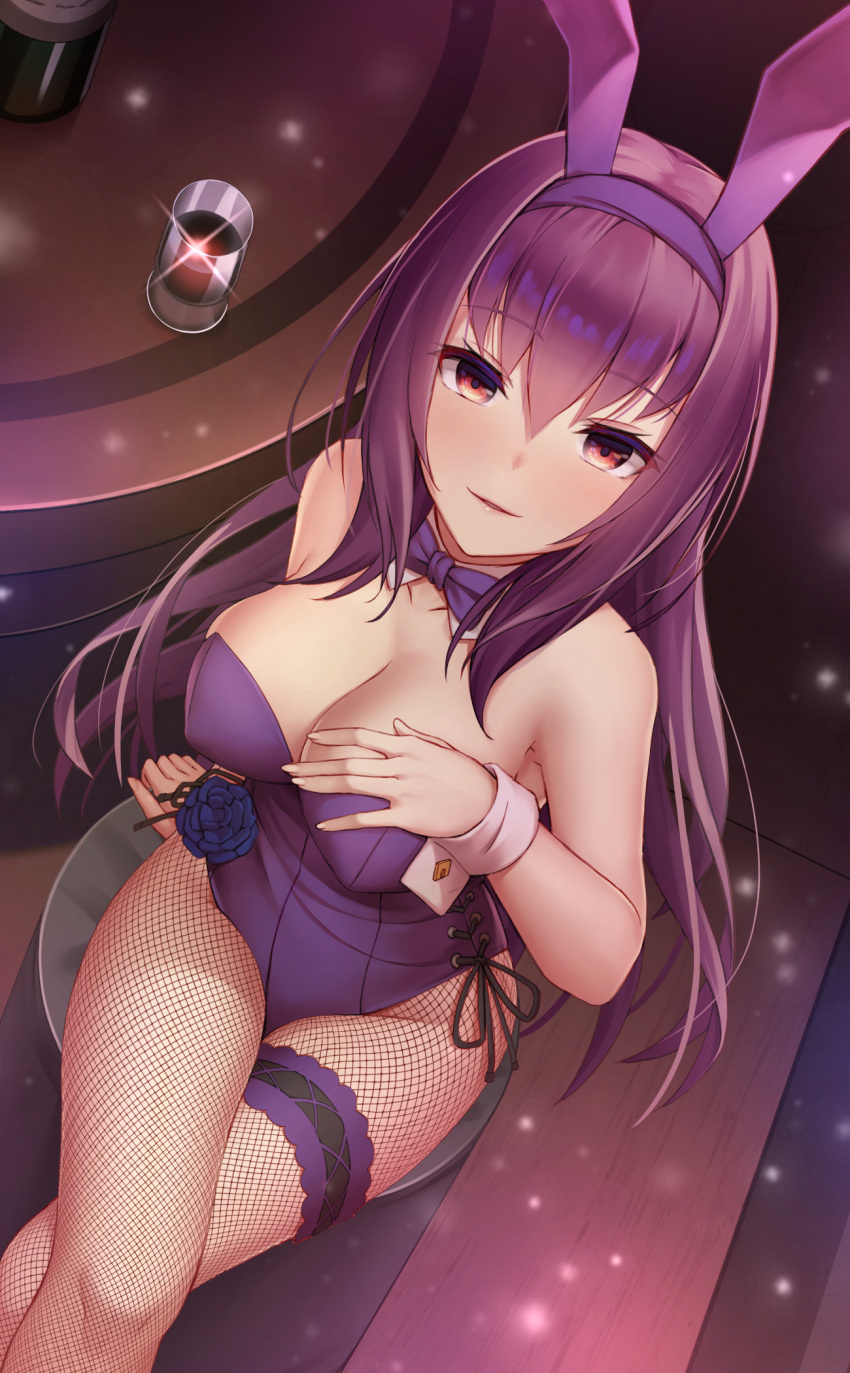 animal_ears cup detached_collar drinking_glass fake_animal_ears fate/grand_order fate_(series) fishnet_legwear fishnets from_above hairband highleg highres indoors leotard long_hair looking_at_viewer looking_up piercing_bunny playboy_bunny purple_hair purple_hairband purple_leotard purple_neckwear rabbit_ears red_eyes scathach_(fate) scathach_(fate)_(all) shoron sitting smile stool strapless strapless_leotard table very_long_hair wooden_floor wrist_cuffs