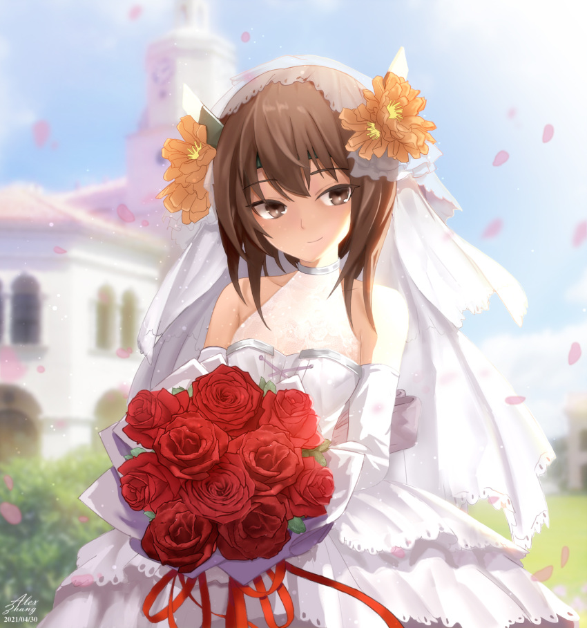 1girl alexzhang alternate_costume bouquet bridal_veil bride brown_eyes brown_hair dress elbow_gloves flat_chest flower gloves headband headgear highres holding holding_bouquet kantai_collection short_hair sleeveless sleeveless_dress smile solo taihou_(kancolle) upper_body veil wedding_dress white_dress