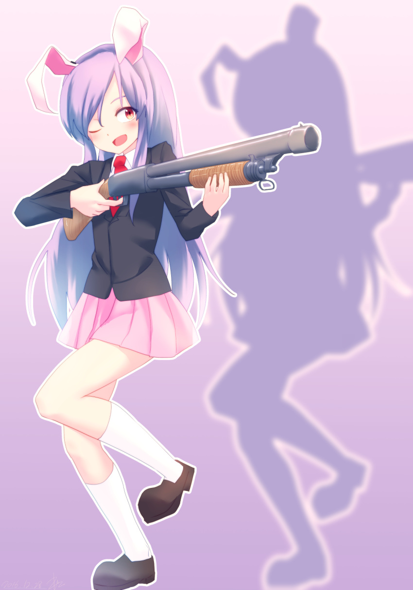 1girl animal_ears bangs black_footwear black_jacket blazer blush commentary_request cookie_(touhou) full_body gun highres hisui_(cookie) holding holding_gun holding_weapon jacket konfu_nodashino_bubun long_hair looking_to_the_side miniskirt necktie one_eye_closed open_mouth pink_skirt pleated_skirt pump_action purple_background rabbit_ears red_eyes red_neckwear reisen_udongein_inaba shirt shoes shotgun silhouette skirt socks solo swept_bangs touhou violet_eyes weapon white_legwear white_shirt