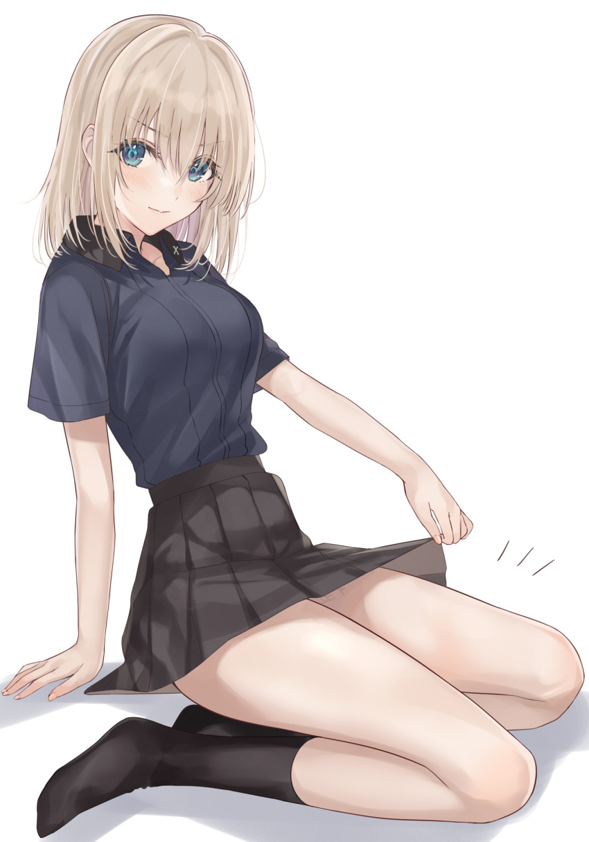 1girl arm_support black_skirt blonde_hair blue_eyes blue_shirt blush breasts girls_und_panzer highres itsumi_erika light_smile medium_breasts medium_hair mexifime pleated_skirt shirt skirt skirt_lift solo white_background