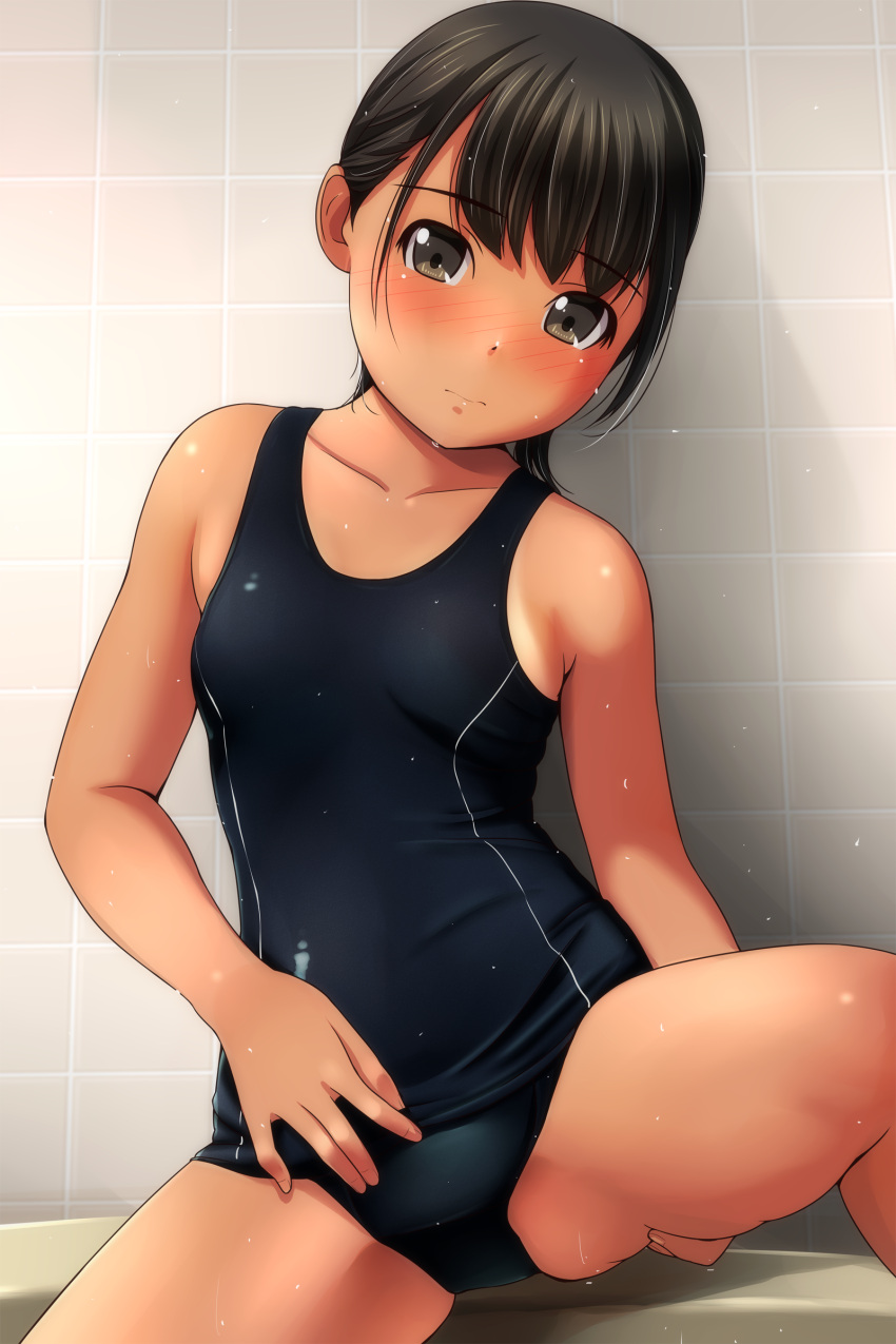 1girl absurdres bangs bare_arms bare_shoulders black_hair black_swimsuit blush brown_eyes closed_mouth eyebrows_visible_through_hair highres indoors looking_at_viewer matsunaga_kouyou nose_blush old_school_swimsuit one-piece_swimsuit original school_swimsuit solo spread_legs swimsuit tan tile_wall tiles