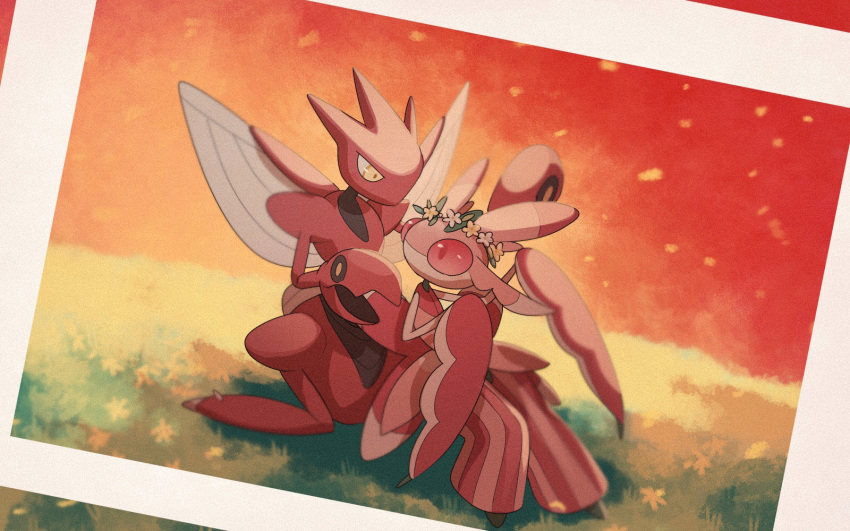 commentary_request eye_contact flower flower_crown gen_2_pokemon gen_7_pokemon grass highres looking_at_another looking_back lurantis no_humans picture_(object) pincers pokemon pokemon_(creature) red_eyes scizor yellow_eyes yellow_flower yukifuri_tsuyu