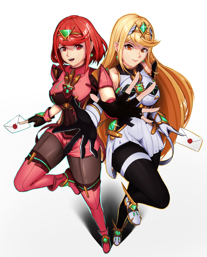 2girls :d absurdres bangs bare_shoulders black_gloves black_legwear blonde_hair breasts chest_jewel dress earrings elbow_gloves fingerless_gloves glint gloves highres jewelry long_hair luxpineapple medium_breasts multiple_girls mythra_(massive_melee)_(xenoblade) mythra_(xenoblade) open_mouth pantyhose pyra_(xenoblade) red_eyes red_footwear red_legwear red_shorts redhead short_dress short_hair short_shorts shorts simple_background smash_invitation smile swept_bangs thigh-highs thigh_strap tiara very_long_hair white_background white_dress white_footwear white_gloves xenoblade_chronicles_(series) xenoblade_chronicles_2 yellow_eyes