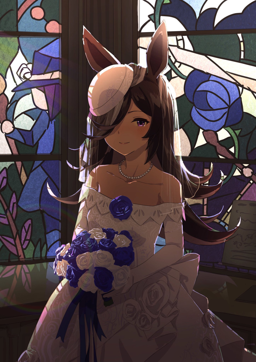 1girl animal_ears bare_shoulders blue_flower blue_rose blush bouquet bridal_veil brown_hair collarbone dress flower hair_over_one_eye hat_over_one_eye highres horse_ears horse_girl jewelry long_hair long_sleeves looking_at_viewer necklace off-shoulder_dress off_shoulder pearl_necklace rice_shower_(umamusume) rose see-through smile solo stained_glass sv_illst umamusume veil violet_eyes wedding_dress white_dress white_flower white_rose