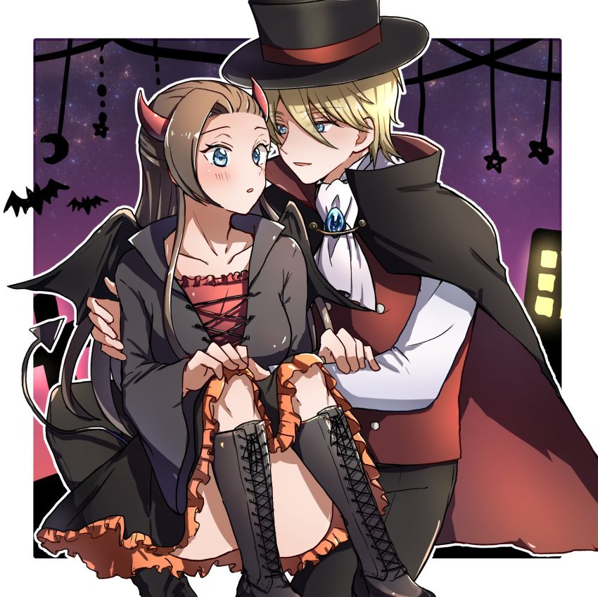 1boy 1girl :o ascot asymmetrical_bangs bangs bat black_cape black_dress black_footwear black_headwear black_pants black_wings blonde_hair blue_eyes blush boots brooch brown_hair cape carrying commentary cross-laced_footwear demon_horns demon_tail demon_wings dress dress_shirt frilled_dress frills geordo_stuart halloween halloween_costume hat hetero highres horns jewelry katarina_claes lace-up_boots long_hair long_sleeves looking_at_another medium_dress night night_sky open_mouth otome_game_no_hametsu_flag_shika_nai_akuyaku_reijou_ni_tensei_shite_shimatta outdoors outline pants parted_lips princess_carry red_cape red_vest redhead shirt short_hair sky smile standing tail top_hat two-sided_cape two-sided_fabric urumochimaiu vest white_outline white_shirt wide_sleeves wings