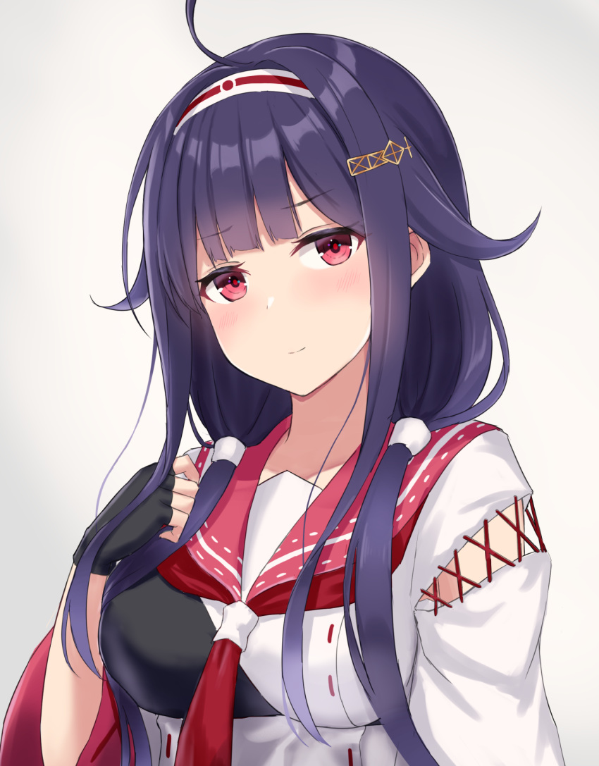1girl ahoge black_gloves blush closed_mouth eyebrows_visible_through_hair fingerless_gloves gloves hair_flaps highres japanese_clothes kantai_collection long_hair low_twintails monoku neckerchief pink_sailor_collar purple_hair red_eyes red_neckwear remodel_(kantai_collection) ryuuhou_(kancolle) sailor_collar solo taigei_(kancolle) twintails upper_body wide_sleeves