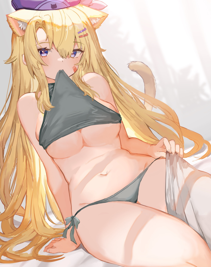 1girl absurdres animal_ear_fluff animal_ears arm_support bangs bare_shoulders blonde_hair blue_eyes blush breasts cat_ears cat_girl commentary_request eyebrows_visible_through_hair fingernails grey_panties grey_shirt hair_between_eyes hair_ornament hairpin hat highres large_breasts lifted_by_self long_hair looking_at_viewer mouth_hold navel original panties partial_commentary purple_headwear shirt shirt_in_mouth shirt_lift side-tie_panties sidelocks single_thighhigh sitting solo sorotu stomach tail_raised thigh-highs under_boob underwear very_long_hair white_legwear