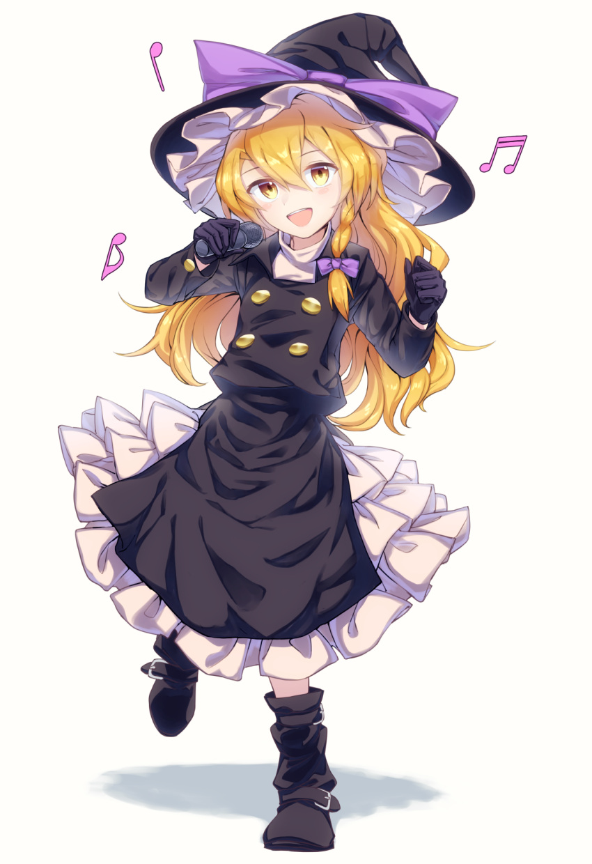 1girl :d bangs beamed_sixteenth_notes black_footwear black_gloves black_headwear black_jacket black_skirt blonde_hair boots bow buttons commentary_request cookie_(touhou) eighth_note full_body gloves hair_between_eyes hair_bow hat hat_bow highres holding holding_microphone jacket kirisame_marisa konfu_nodashino_bubun long_hair long_sleeves looking_at_viewer microphone musical_note open_mouth petticoat purple_bow quarter_note rei_(cookie) shirt simple_background skirt smile solo touhou turtleneck white_background white_shirt witch_hat yellow_eyes
