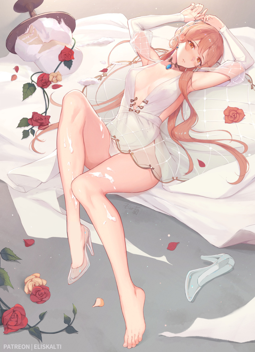 1girl armpits arms_up bangs barefoot blush breasts breasts_apart brooch cake center_opening collarbone detached_sleeves dress earrings eliskalti eyebrows_visible_through_hair flower food full_body gem girls_frontline glass_slipper high_heels highres jewelry knee_up long_hair long_sleeves looking_at_viewer lying medium_breasts on_back orange_eyes orange_hair ots-14_(girls_frontline) parted_lips petals red_flower red_rose rose rose_petals shoes_removed signature solo very_long_hair white_dress