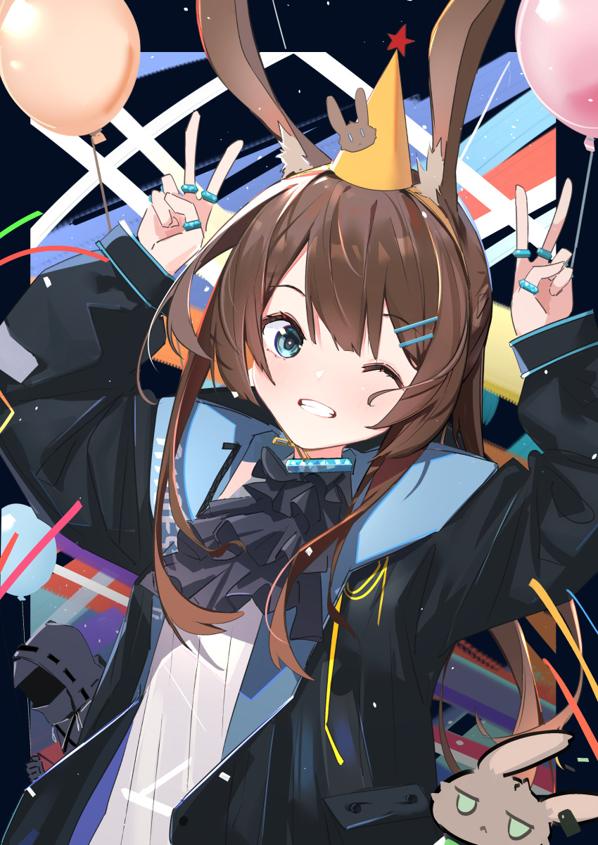 1girl 1other absurdres amiya_(arknights) animal_ear_fluff animal_ears arknights arms_up ascot balloon bangs black_jacket blue_choker blue_eyes blue_neckwear blush brown_hair chichi_guai chinese_commentary choker clothes_writing commentary doctor_(arknights) double_v eyebrows_visible_through_hair grin hair_between_eyes hat highres hooded_coat jacket jewelry long_hair long_sleeves looking_at_viewer multiple_rings one_eye_closed open_clothes open_jacket open_mouth parted_lips party_hat rabbit_ears ring smile solo_focus sweater upper_body v visor white_sweater