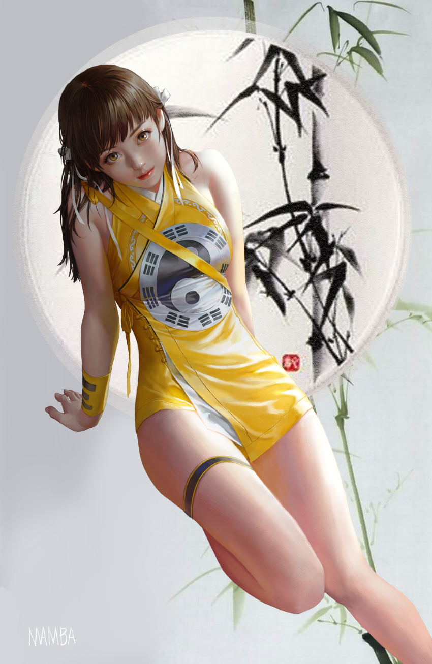 1girl absurdres bamboo bangs brown_eyes brown_hair china_dress chinese_clothes dress from_above head_tilt highres korean_commentary looking_at_viewer looking_up mam_ba original realistic solo thigh_strap yellow_dress yin_yang