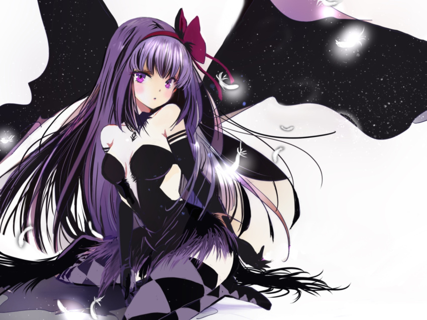 1girl akemi_homura akuma_homura argyle argyle_legwear black_dress black_gloves black_legwear black_wings blush bow breasts breasts_apart check_commentary choker commentary_request dress elbow_gloves feathers fukunukko gloves hair_bow long_hair mahou_shoujo_madoka_magica mahou_shoujo_madoka_magica_movie medium_breasts multicolored multicolored_clothes multicolored_legwear night night_sky purple_hair purple_legwear red_bow sky solo star_(sky) thigh-highs violet_eyes white_background white_feathers wings