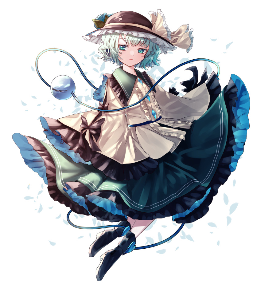 1girl absurdres bangs black_footwear black_headwear blouse blue_eyes boots bow center_frills commentary_request eyeball eyebrows_visible_through_hair flat_chest frilled_shirt_collar frills full_body green_hair green_skirt hat hat_bow heart highres komeiji_koishi light_blush light_smile looking_at_viewer parted_lips petticoat short_hair simple_background skirt sleeves_past_fingers sleeves_past_wrists solo soraki_(marisa_syou) third_eye touhou white_background wide_sleeves yellow_blouse yellow_bow