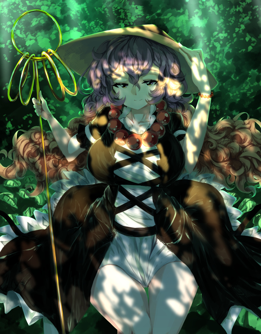 1girl absurdres ajirogasa bangs black_dress breasts brown_hair brown_headwear closed_mouth cross-laced_clothes curly_hair dress eyebrows_visible_through_hair forest gradient hair_between_eyes hand_on_headwear hat highres hijiri_byakuren holding holding_staff large_breasts layered_dress long_hair looking_at_viewer nature outdoors purple_hair shade short_sleeves sitting smile solo staff sunyup touhou very_long_hair white_dress