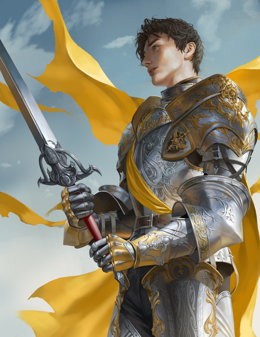 1boy absurdres armor black_hair blue_eyes cape clouds fantasy from_side hair_behind_ear highres holding holding_sword holding_weapon knight male_focus mam_ba metal_gloves nose original parted_lips realistic sky solo sword weapon yellow_cape