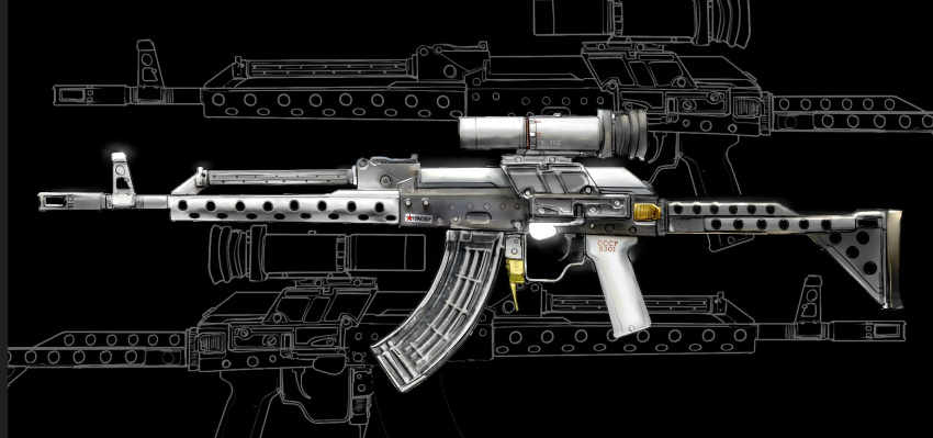 ak-47 assault_rifle asterozoa black_background english_commentary from_side gun highres no_humans original redesign rifle science_fiction scope solo soviet trigger weapon weapon_sheet