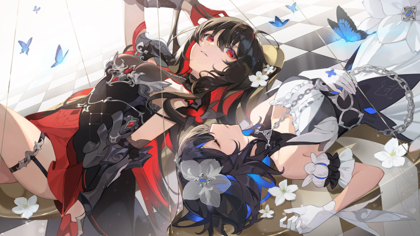 2girls absurdres black_hair blue_butterfly blue_hair bracer breasts bug butterfly chain character_request chyoel closed_eyes closed_mouth colored_inner_hair flower gloves hair_flower hair_ornament highres honkai_(series) honkai_impact_3rd insect large_breasts long_hair looking_at_viewer lying multicolored_hair multiple_girls on_back parted_lips red_eyes seele_vollerei smile thigh-highs two-tone_hair white_flower white_gloves