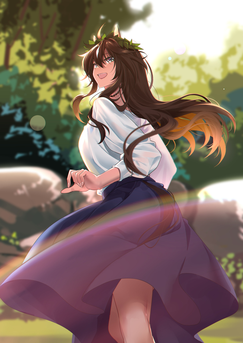 1girl :d absurdres animal_ears arknights bangs blue_skirt brown_hair commentary_request feet_out_of_frame hair_between_eyes highres long_hair long_sleeves looking_at_viewer meteor_(arknights) open_mouth shijie_jianfa shirt skirt smile solo standing white_shirt