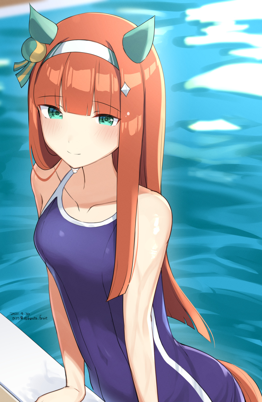 1girl absurdres animal_ears bangs bare_arms bare_shoulders blue_swimsuit blunt_bangs blush breasts closed_mouth commentary_request dated eyebrows_visible_through_hair green_eyes highres hirota_fruit horse_ears horse_girl horse_tail huge_filesize long_hair looking_at_viewer one-piece_swimsuit orange_hair silence_suzuka_(umamusume) small_breasts smile solo swimsuit tail twitter_username umamusume very_long_hair water wet