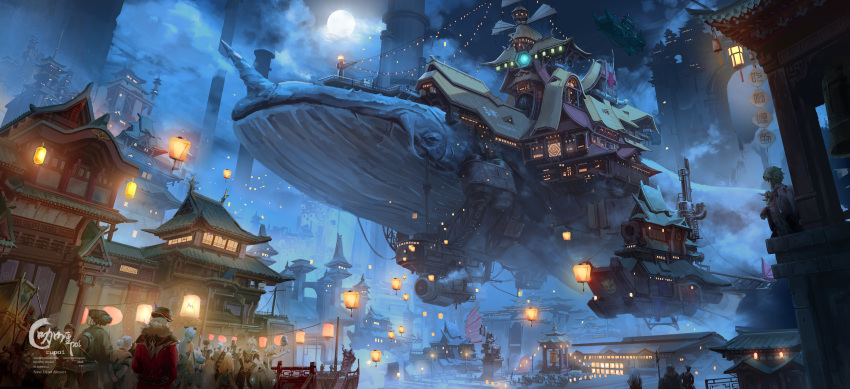 absurdres aether_(genshin_impact) architecture bird_wings blue_sky castle chigalidepoi cityscape clouds crowd east_asian_architecture fantasy floating floating_castle ganyu_(genshin_impact) genshin_impact highres lantern lumine_(genshin_impact) moon multiple_boys multiple_girls night outdoors qiqi_(genshin_impact) scenery sky wings zhongli_(genshin_impact)