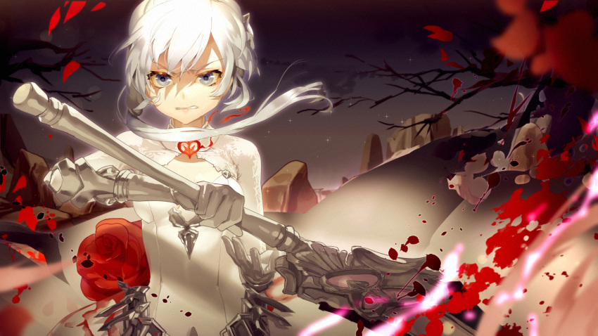 1girl angry blood blood_splatter dress gloves grey_eyes hair_ornament highres holding holding_weapon looking_at_viewer night open_mouth petals sawashi_(ur-sawasi) short_hair sinoalice sky snow_white_(sinoalice) solo sword teeth torn_clothes torn_dress tree_branch weapon white_gloves white_hair