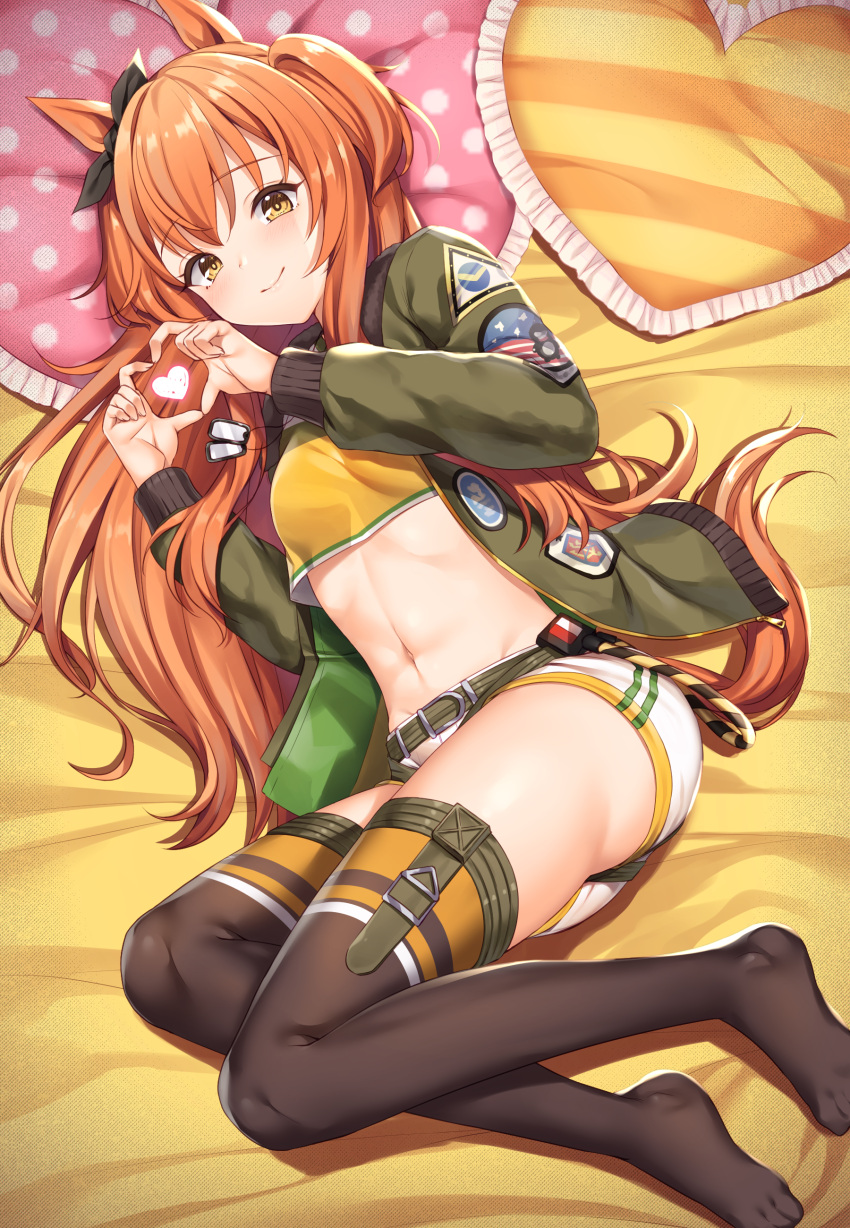 1girl absurdres animal_ears ass bed_sheet black_legwear blush breasts brown_eyes brown_hair closed_mouth commentary_request crop_top frilled_pillow frills green_jacket heart heart_hands highres horse_ears horse_girl horse_tail jacket long_hair long_sleeves lying mayano_top_gun_(umamusume) midriff navel no_shoes on_side open_clothes open_jacket pillow shirt short_shorts shorts small_breasts smile solo tail thigh-highs twintails two_side_up umamusume very_long_hair wakuta_chisaki white_shorts yellow_shirt