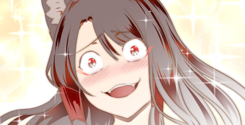 1girl :d akagi_(azur_lane) animal_ears azur_lane bangs black_hair blush commentary_request crazy_eyes crazy_smile eyebrows_visible_through_hair eyes_visible_through_hair fangs fox_ears hair_tubes long_hair looking_at_viewer open_mouth red_eyes sidelocks simple_background smile solo sparkle steed_(steed_enterprise)