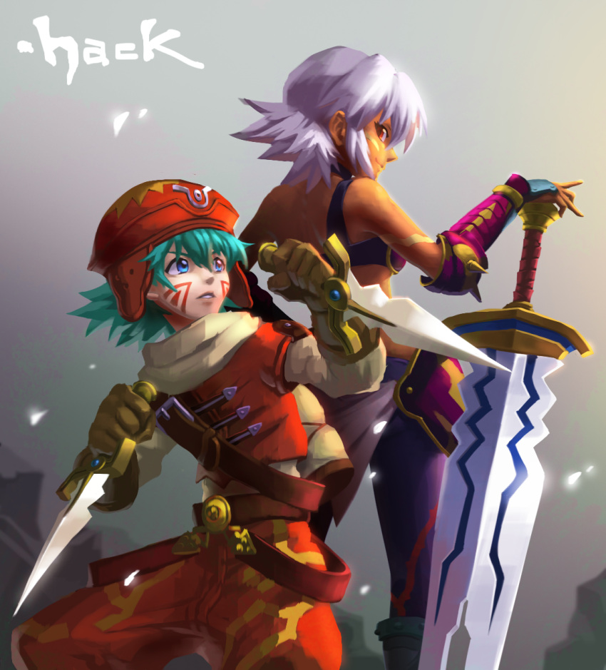 .hack// .hack//games 1boy 1girl armor bare_shoulders bikini_armor black_rose_(.hack//) closed_mouth dark_skin dark-skinned_female facial_mark gloves hat highres kite_(.hack//) knife looking_at_viewer n20u28 pantyhose red_eyes short_hair smile sword tattoo weapon