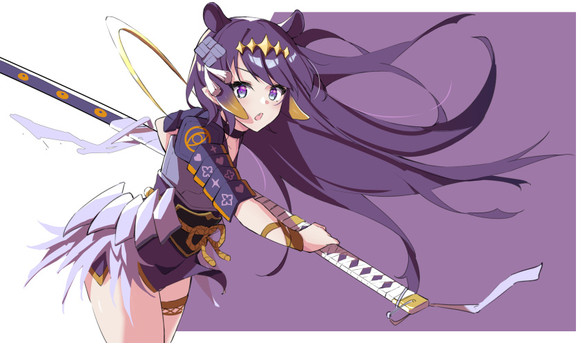 1girl absurdres armor bangs blue_eyes fuchi_(fuchi_1106) halo highres hololive hololive_english japanese_armor katana long_hair ninomae_ina'nis pointy_ears purple_background purple_hair shoulder_armor solo sword tentacle_hair violet_eyes virtual_youtuber weapon white_background wings