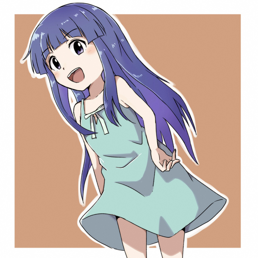 1girl blue_hair brown_background child dress eyebrows eyebrows_visible_through_hair furude_rika green_dress hands_on_hips highres higurashi_no_naku_koro_ni hime_cut long_hair open_mouth simple_background smile solo sundress truth1293 violet_eyes