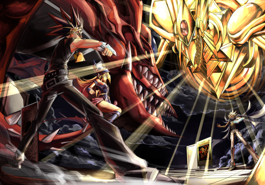 1girl 2boys :d belt black_hair blonde_hair card chain clenched_hand commentary_request dark_magician_girl dark_skin dark_skinned_male duel_disk duel_monster floating_cape from_below highres legs_apart light_rays long_hair looking_at_another male_focus millennium_puzzle millennium_ring multicolored_hair multiple_boys open_mouth osiris_the_sky_dragon pants redhead shirt shoes smile smoke spiky_hair spread_fingers standing the_winged_dragon_of_ra tile_floor tiles upper_teeth voke yami_marik yami_yuugi yu-gi-oh! yu-gi-oh!_duel_monsters