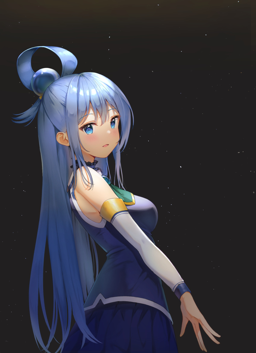 1girl absurdres aqua_(konosuba) bangs bare_shoulders blue_eyes blue_hair blue_shirt blue_skirt blush breasts cowboy_shot dark_background detached_sleeves from_side hair_ornament hair_rings highres kono_subarashii_sekai_ni_shukufuku_wo! large_breasts long_hair long_sleeves looking_at_viewer miniskirt open_mouth pleated_skirt qoray7 shiny shiny_hair shirt skirt solo standing white_sleeves