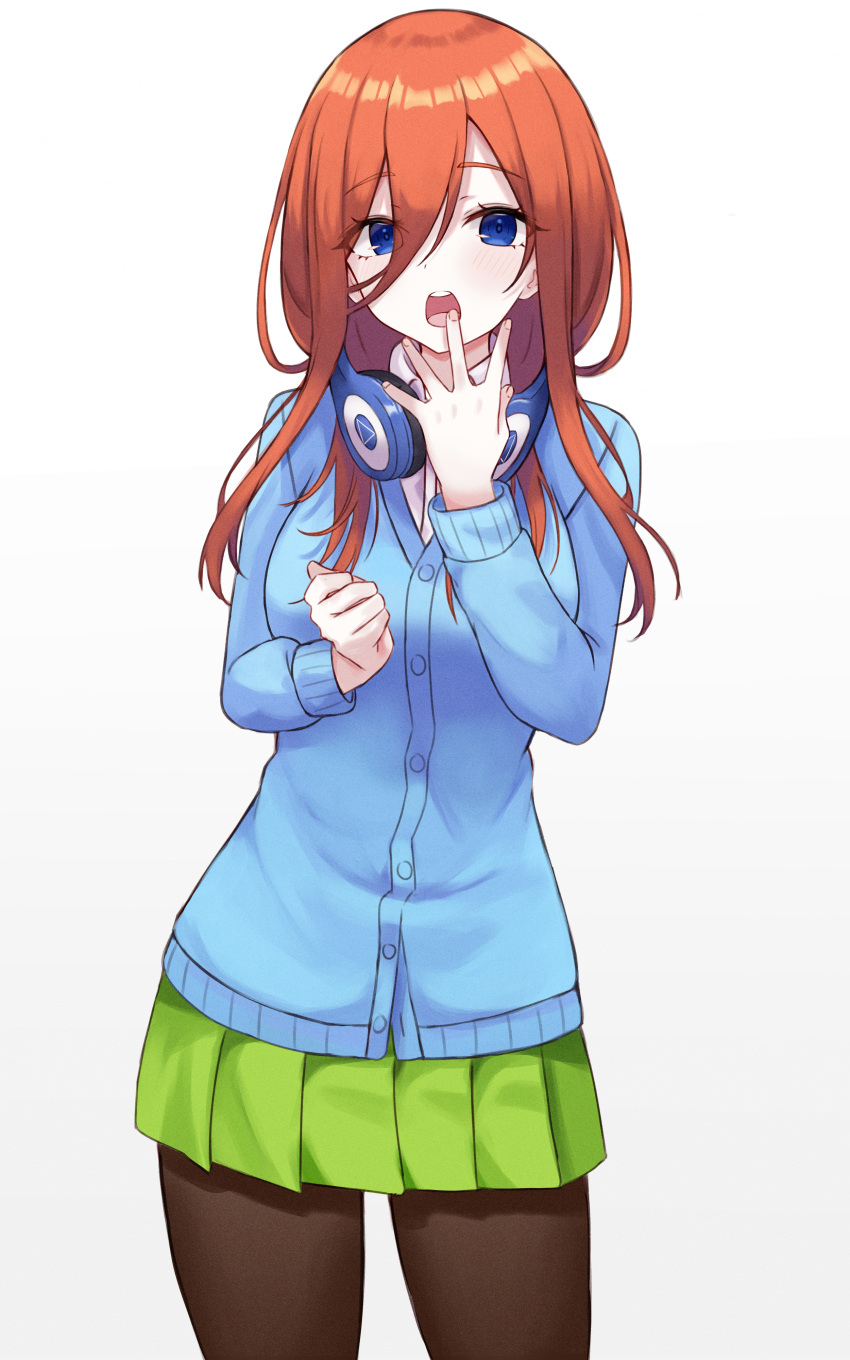 1girl absurdres blue_cardigan blue_eyes brown_legwear cardigan eyebrows_visible_through_hair eyes_visible_through_hair go-toubun_no_hanayome gradient gradient_background green_skirt grey_background hair_between_eyes headphones headphones_around_neck highres kano_(wi3028) long_hair long_sleeves looking_at_viewer nakano_miku open_mouth pantyhose redhead skirt solo standing teeth thighs upper_teeth white_background