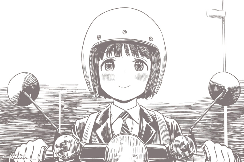 1girl blush brown_theme character_request closed_mouth collared_shirt dated dot_nose driving ground_vehicle helmet horikou jacket monochrome motor_vehicle motorcycle_helmet necktie scooter shirt short_hair signature smile solo super_cub upper_body wing_collar