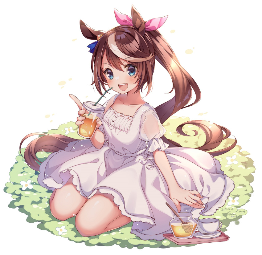 1girl :d animal_ears bangs bendy_straw blue_eyes blush brown_hair collarbone commentary_request cup dated disposable_cup dress drinking_straw eyebrows_visible_through_hair flower hair_between_eyes hair_ribbon highres holding holding_cup horse_ears kashiba_aira looking_at_viewer multicolored_hair open_mouth pink_ribbon ponytail puffy_short_sleeves puffy_sleeves ribbon saucer see-through see-through_sleeves short_sleeves simple_background smile solo streaked_hair tokai_teio_(umamusume) tray twitter_username umamusume upper_teeth v-shaped_eyebrows white_background white_dress white_flower white_hair