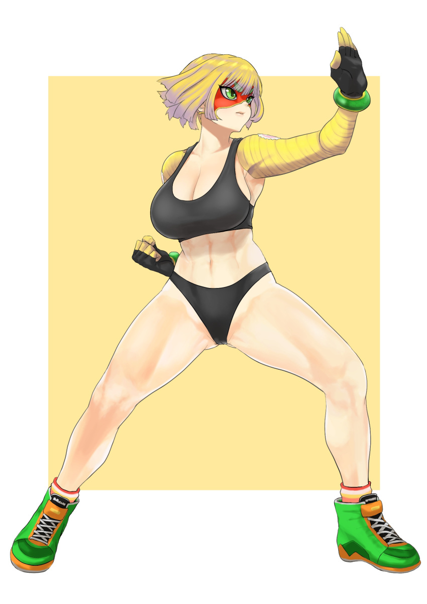 1girl absurdres anagumasan arms_(game) bangs blonde_hair blunt_bangs breasts domino_mask facepaint food full_body green_eyes highres looking_at_viewer mask min_min_(arms) navel noodles pantied short_hair solo super_smash_bros. tank_top underwear