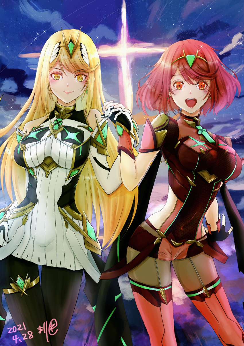 2girls absurdres bangs black_gloves blonde_hair breasts chest_jewel dress earrings elbow_gloves eva02asuka0608 fingerless_gloves gloves highres jewelry large_breasts long_hair mythra_(xenoblade) pyra_(xenoblade) red_eyes red_legwear red_shorts redhead short_dress short_hair short_shorts shorts super_smash_bros. swept_bangs thigh-highs tiara very_long_hair white_dress white_footwear white_gloves xenoblade_chronicles_(series) xenoblade_chronicles_2 yellow_eyes