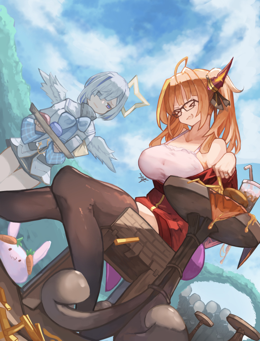 &gt;o&lt; 2girls ahoge amane_kanata angel angel_wings animal_ears asymmetrical_hair bangs bare_shoulders black-framed_eyewear black_legwear black_ribbon black_skirt blonde_hair blue_eyes blue_hair blue_neckwear bob_cut bow bowtie breasts burger camisole carrot chair closed_eyes clouds cloudy_sky collarbone colored_inner_hair cup day disposable_cup dragon_girl dragon_horns dragon_tail drinking_straw eyebrows_behind_hair eyes_visible_through_hair fang feathered_wings food french_fries from_below glasses hair_over_one_eye hair_ribbon halo highlights highres holding holding_food holding_tray hololive horns jacket jewelry kiryu_coco large_breasts long_hair long_sleeves looking_at_another miniskirt mucuun_yin multicolored_hair multiple_girls nousagi_(usada_pekora) off_shoulder official_alternate_costume open_clothes open_jacket open_mouth orange_hair outdoors partially_unzipped rabbit_ears red_jacket ribbon ring round_table short_hair signature silver_hair single_hair_intake sitting skin_fang skirt sky sleeves_folded_up spaghetti_strap spill standing star_halo streaked_hair table tail thigh-highs track_jacket tray turtleneck twintails virtual_youtuber white_camisole white_jacket white_wings wings