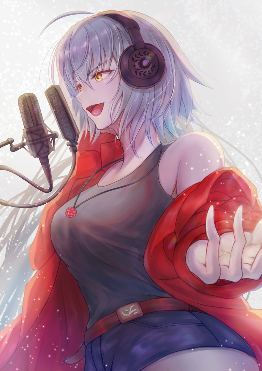 1girl absurdres alternate_costume belt breasts fate/grand_order fate_(series) from_behind from_side grey_hair hair_between_eyes headphones highres jacket jeanne_d'arc_(alter)_(fate) jeanne_d'arc_(fate)_(all) jewelry large_breasts long_hair microphone music necklace off_shoulder penguintake pop_filter red_jacket singing smile solo yellow_eyes