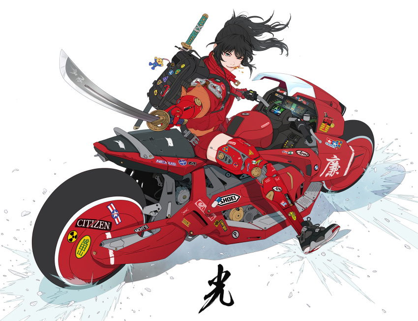 1girl android backpack bag bangs biting black_footwear black_hair english_commentary floating_hair food full_body grin ground_vehicle highres holding holding_sword holding_weapon jacket long_hair looking_at_viewer mechanical_arms mechanical_legs mixed-language_commentary motor_vehicle motorcycle mouth_hold original outstretched_arm park_junkyu ponytail red_jacket red_legwear red_shorts red_theme riding shorts simple_background skewer sleeves_past_wrists smile smirk snap-fit_buckle solo splatter sticker stuffed_toy sword sword_behind_back uneven_eyes unsheathed weapon white_background
