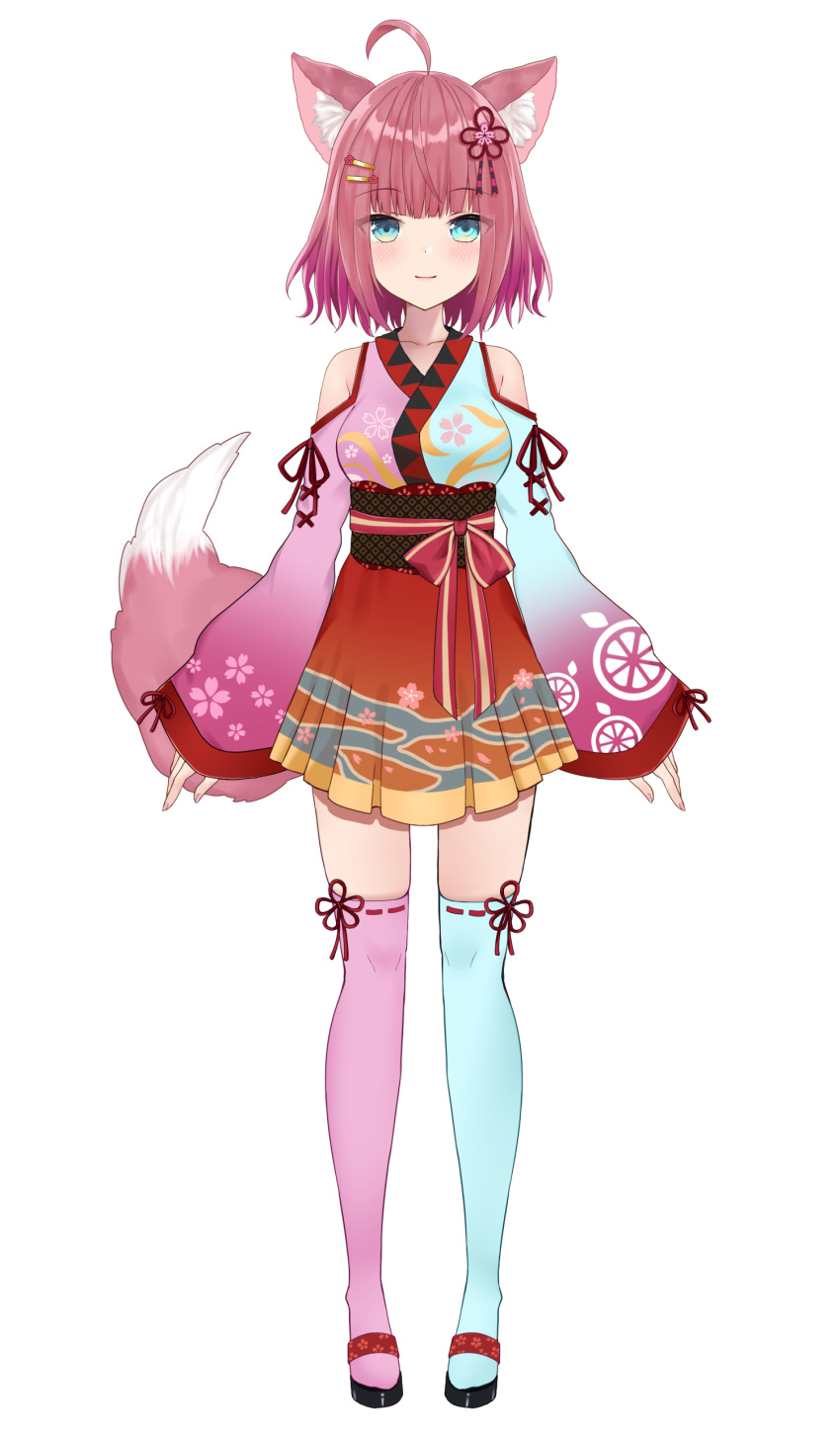 1girl absurdres ahoge akino_ell animal_ear_fluff animal_ears bare_shoulders black_footwear blue_eyes blue_kimono blue_legwear blush breasts character_request closed_mouth clothing_cutout commentary_request floral_print fox_ears fox_girl fox_tail full_body hair_ornament hairclip highres indie_virtual_youtuber japanese_clothes kimono long_sleeves looking_at_viewer medium_breasts mismatched_legwear obi pink_kimono pink_legwear pleated_skirt red_skirt redhead ribbon-trimmed_legwear ribbon_trim sash shoulder_cutout simple_background skirt sleeves_past_wrists smile solo standing tail white_background wide_sleeves zouri