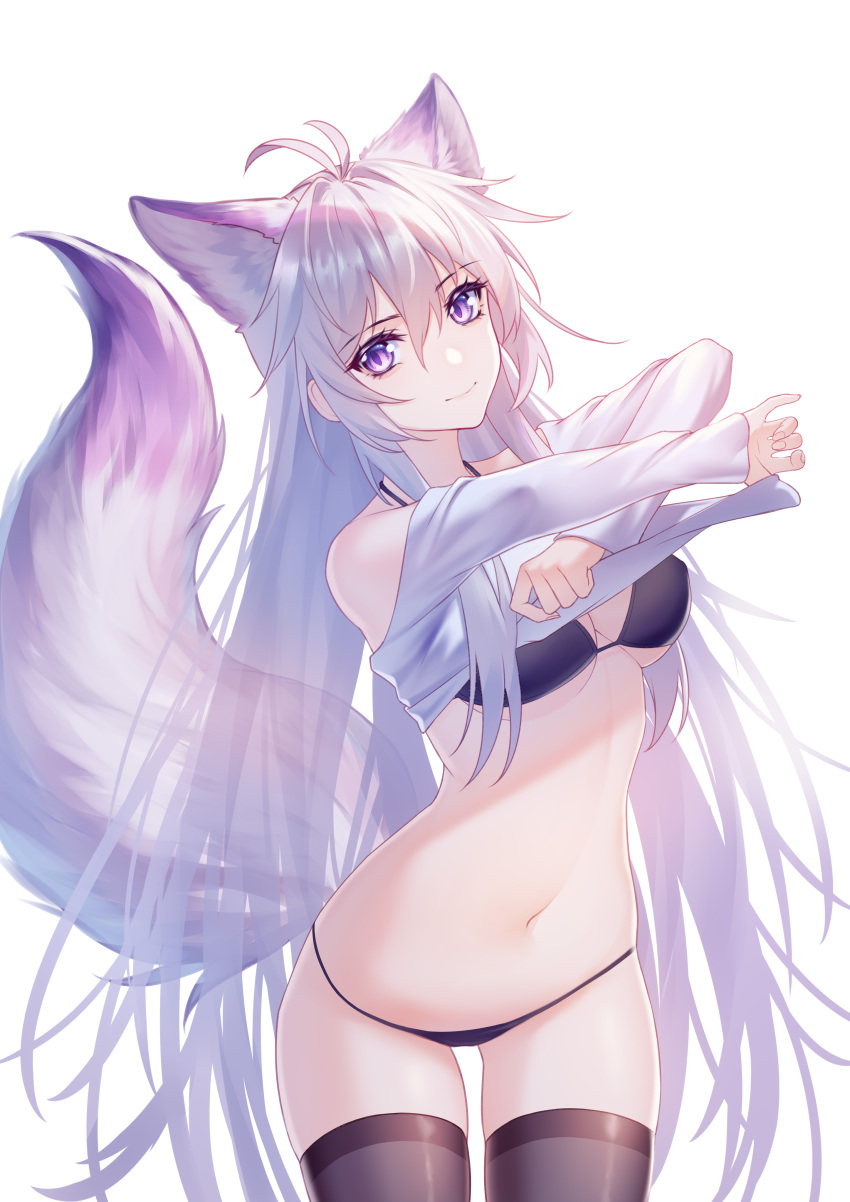 1girl absurdres animal_ears antenna_hair bangs bare_shoulders black_bra black_legwear black_panties bra breasts commentary_request cowboy_shot fox_ears fox_tail grey_shirt hair_between_eyes highres kirby_d_a lifted_by_self long_hair long_sleeves looking_at_viewer medium_breasts navel off-shoulder_shirt off_shoulder original panties revision shirt shirt_lift silver_hair simple_background smile solo standing stomach tail thigh-highs thighs underwear very_long_hair violet_eyes white_background