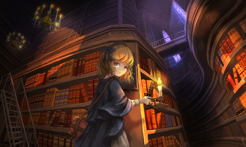 1girl blonde_hair blue_cloak blue_hairband book bookshelf bow_hairband candle candlelight chandelier cloak dress expressionless hairband highres indoors library looking_at_viewer medium_hair original shoulder_strap solo ume_(illegal_bible) white_dress