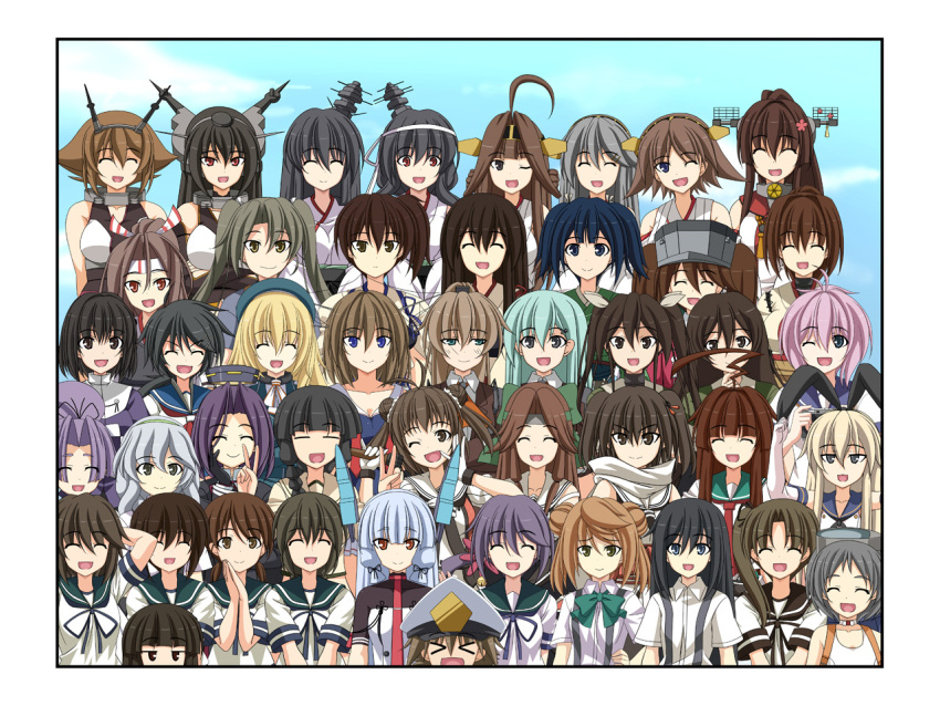 &gt;:) &gt;_&lt; 1boy 6+girls ahoge akagi_(kancolle) akebono_(kancolle) antenna_hair aoba_(kancolle) aqua_hair ashtray atago_(kancolle) beret black_hair blonde_hair blue_hair bow brown_eyes brown_hair camera chikuma_(kancolle) closed_eyes detached_sleeves diving_mask diving_mask_on_head double_bun elbow_gloves epaulettes eyebrows_visible_through_hair eyes_visible_through_hair fubuki_(kancolle) fusou_(kancolle) gloves goggles goggles_on_head green_eyes green_hair hair_between_eyes hair_bow hair_ornament hair_ribbon haruna_(kancolle) hat hatsuharu_(kancolle) hatsuyuki_(kancolle) headgear hiei_(kancolle) hiryuu_(kancolle) huge_ahoge hyuuga_(kancolle) isonami_(kancolle) jintsuu_(kancolle) jitome kaga_(kancolle) kako_(kancolle) kantai_collection kitakami_(kancolle) kongou_(kancolle) kuma_(kancolle) light_brown_hair little_boy_admiral_(kancolle) long_hair long_sleeves low_twintails maru-yu_(kancolle) maya_(kancolle) michishio_(kancolle) military_hat miyuki_(kancolle) multiple_girls murakumo_(kancolle) mutsu_(kancolle) nagato_(kancolle) naka_(kancolle) nontraditional_miko open_mouth peaked_cap pink_hair ponytail purple_hair rappa_(rappaya) red_eyes ribbon ryuujou_(kancolle) scarf school_swimsuit school_uniform sendai_(kancolle) serafuku shimakaze_(kancolle) shirayuki_(kancolle) short_hair side_ponytail silver_hair smile suspenders suzukaze_(kancolle) swimsuit tasuki tatsuta_(kancolle) tone_(kancolle) tress_ribbon twintails two_side_up uniform v violet_eyes visor_cap white_gloves yamashiro_(kancolle) yamato_(kancolle) zuikaku_(kancolle)