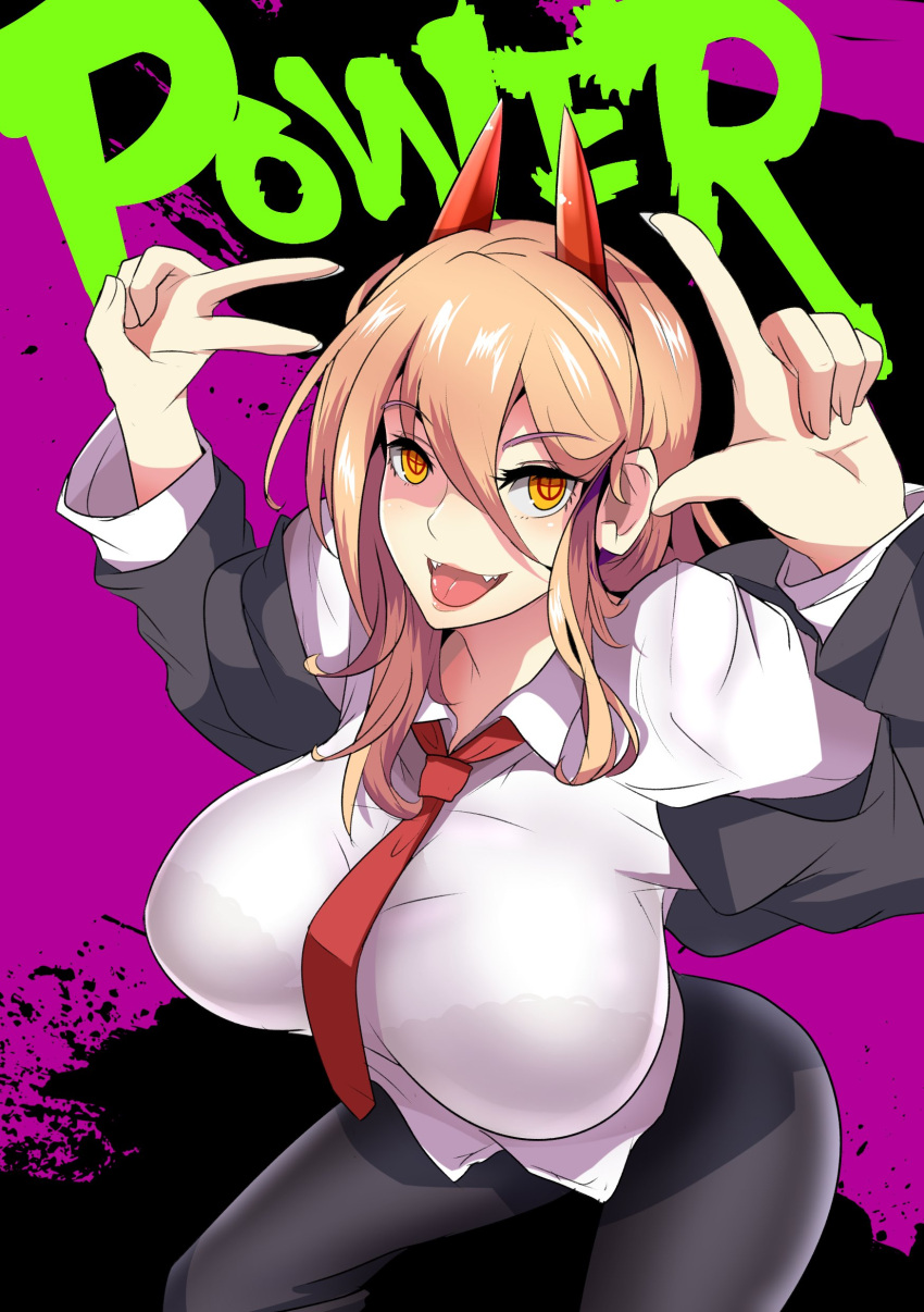 +_+ 1girl absurdres altronage blonde_hair breasts chainsaw_man character_name demon_girl demon_horns english_text fang fangs highres horns horns_pose large_breasts long_hair necktie pants power_(chainsaw_man) purple_background red_horns red_neckwear shirt skin_fang tongue v white_shirt yellow_eyes