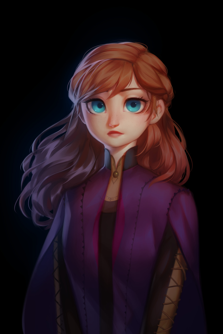 1girl absurdres anna_(frozen) bangs black_background blue_eyes brown_hair disney english_commentary expressionless eyebrows_behind_hair frozen_(disney) frozen_ii_(disney) hair_behind_ear highres jacket long_hair looking_at_viewer making-of_available nose purple_jacket solo theartgun upper_body